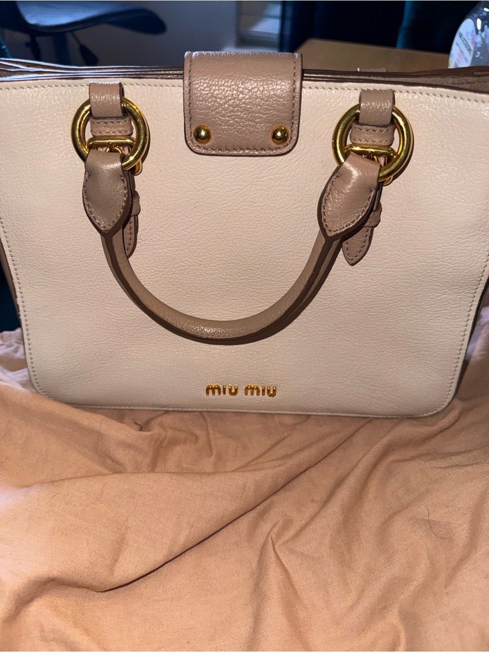 Miu Miu Madras Cream & Taupe Leather Tote Bag